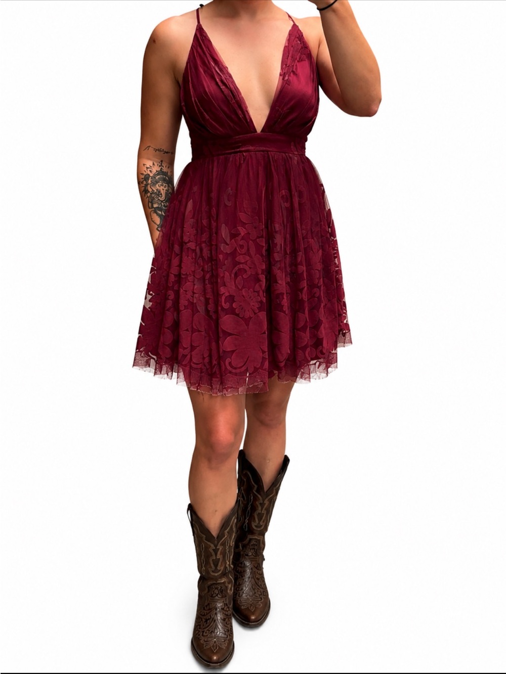 Blush Deep Wine Lace Mini Dress with Plunging V-Neck